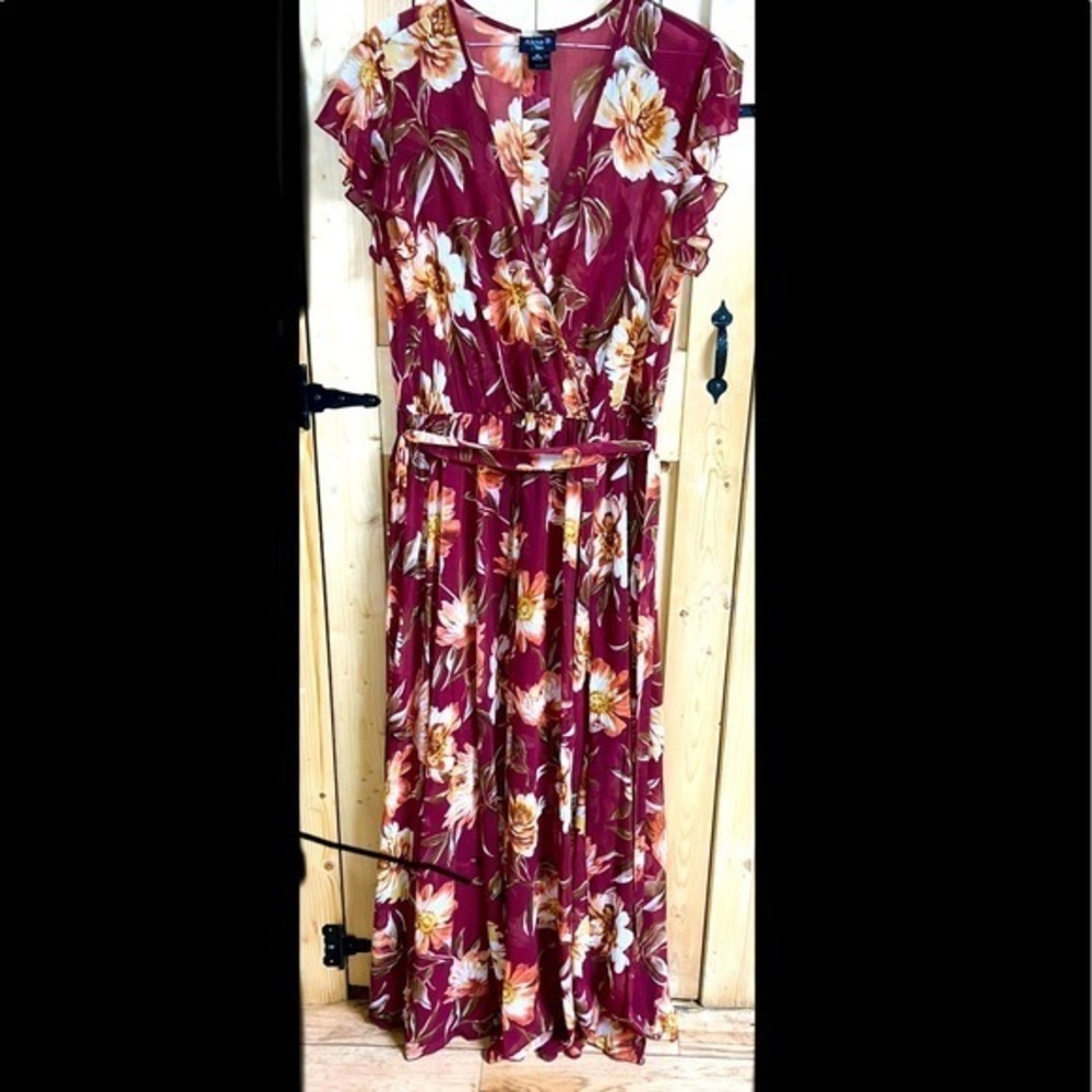 Alexa B nites burgundy floral maxi wrap flowy dress sz 14 ruffled cap sleeve